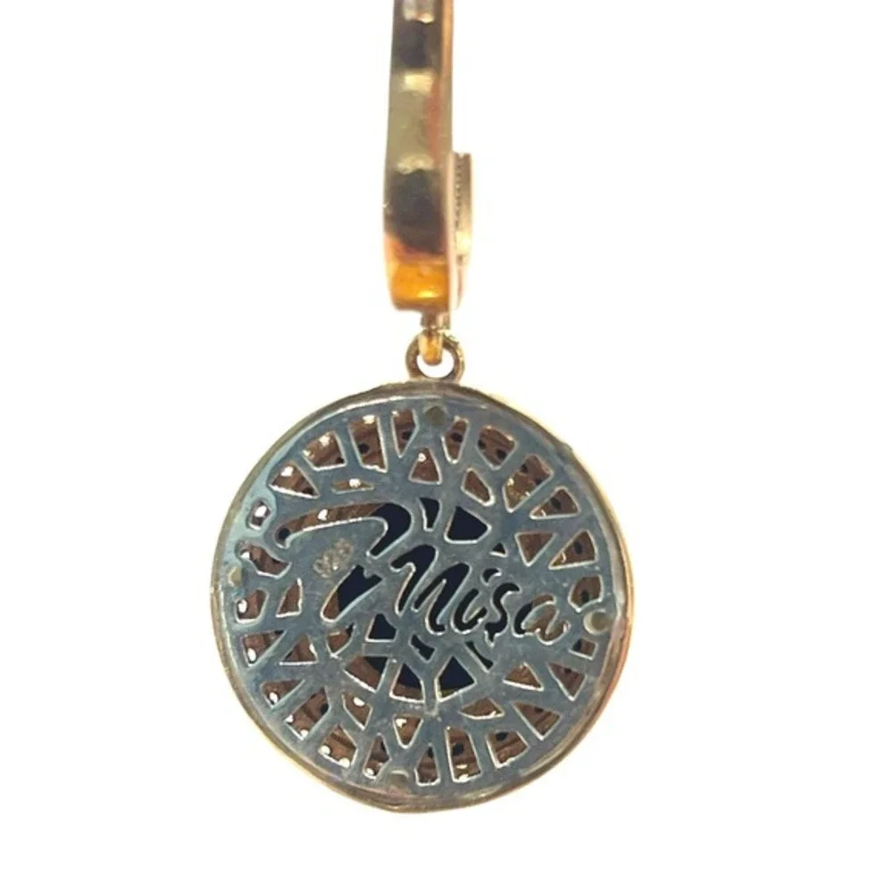 MISA 925‎ Vermeil Black Onyx & CZ Halo Drop Earrings, Pavé Huggie, Signed - Picture 4 of 6